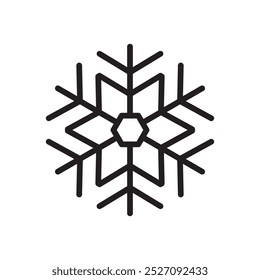 Copo de nieve para el diseño y el patrón de nieve. Elemento de Navidades de línea negra aislado sobre fondo blanco. Símbolo de congelación. Icono de copo de nieve. Gráfico de cristal de hielo. Forma simple. Ilustración vectorial.