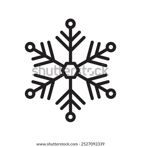 Snowflake for snow design and pattern. Black line Christmas element isolated on white background. Freeze symbol. Snow flake icon. Ice crystal graphic. Simple shape. Vector illustration.
