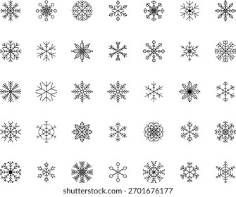 Icono de contorno de línea delgada de invierno de congelación de nieve. Icono de copo de nieve. Manténgase congelado. Marcado de copo de nieve. Manténgase por debajo de cero. Acondicionador de aire. Conjunto de iconos de línea delgada de copos de nieve. Copo de nieve Ilustración simple.