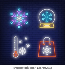 Snowflake, snow globe, bag and outdoor thermometer neon signs set. Christmas, winter, New Year Day design. Night bright neon sign, colorful billboard, light banner. Vector illustration in neon style