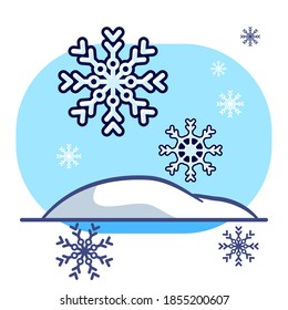 Copo de nieve con deriva de nieve sobre fondo blanco aislado. Postal de Navidad para invitación o tarjeta de regalo, cuaderno, baldosa de baño, libro de recortes. Estuche de teléfono o impresión de tela. Ilustración vectorial de estilo plano
