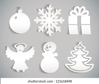 Snowflake, snowman, Christmas decorations, angel, Christmas tree, gift. Christmas icon cut from paper. Isolated on gray background. Vector illustration eps 10. Set