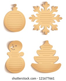 Snowflake, snowman, Christmas decorations, Christmas tree. Christmas icon cut from paper. Isolated on white background. Vector illustration. Set