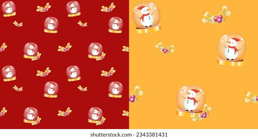 Snowflake con nevado sin costura sobre fondo rojo y amarillo, alegre ilustración vectorial navideña bola de cristal 