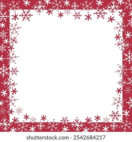 Snowflake Square Frame. Beautiful Winter Holiday Background. Christmas Greeting Card Template. Free Space for Your Text. Vector Illustration in Red, White