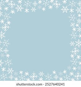 Snowflake Square Frame. Winter Holiday Background. Christmas Greeting Card Template. Free Space for Your Text. Vector Illustration on  Light Blue Background