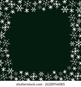 Snowflake Square Frame. Winter Holiday Background. Christmas Greeting Card Template. Free Space for Your Text. Vector Illustration on Black Background