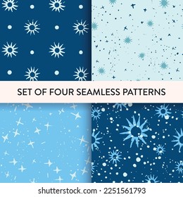 Schneeflocke, Stern, Polka Punkt, Punkt abstrakter Winter wiederholen nahtlose Muster gesetzt. Vektorgrafik. Musterkollektion für Druck, Scrapbooking, Textilien, Mode, Geschenkverpackung und Tapete.