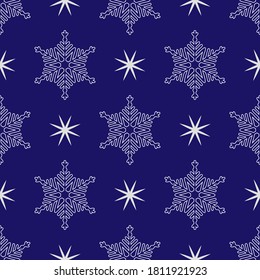 Schneeflocken und Sterne nahtlose Muster auf blauem Hintergrund. Geometrisches Design für Winterurlaub-Karte, Druck, Events, Packpapier und Textilien. Vektor eps10 