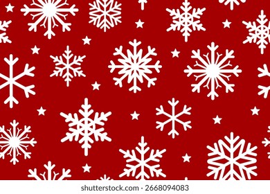 Copo de nieve y estrellas sin patrón sobre fondo rojo 