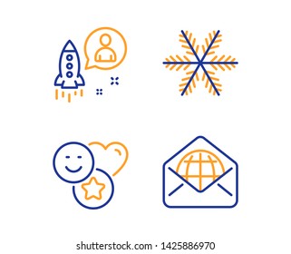 Snowflake, Startup and Smile icons simple set. Web mail sign. Air conditioning, Developer, Social media likes. World communication. Business set. Linear snowflake icon. Colorful design set. Vector