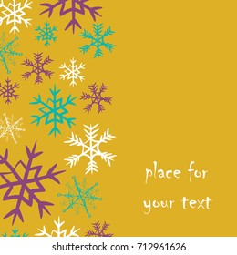 Snowflake stripe on the left side with place for your text. Vector illustration of pink, turquoise and white snowflakes on bright yellow background