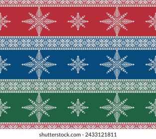 Snowflake stripe pattern red green blue Knitting Seamless Pattern. Vector illustration.