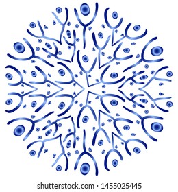 Snowflake in the style of hand-drawing blue on a white background to create a winter pattern. For design of Christmas greeting cards, New Year's invitations.