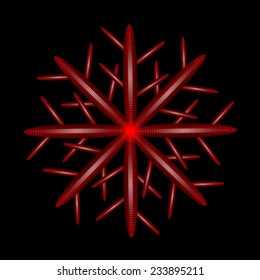 Snowflake. Stylized beautiful shape on dark background. Red motif for winter design of cards, invitations, banner, poster, web. Festive holiday unique star. Vector illustration.