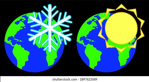 Snowflake and sun against the background of the planet.