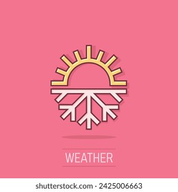 Snowflake and sun icon in comic style. Climate control cartoon vector illustration on isolated background. Hot, cold temperature splash effect business concept.