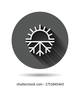 Snowflake and sun icon in flat style. Climate control vector illustration on black round background with long shadow effect. Hot, cold temperature circle button business concept.