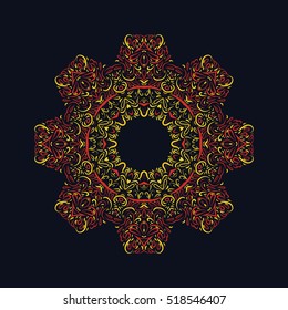 Snowflake, sun, mandala. Round ornament on black background.  Mandala for invitation card, design, book, henna. Line esoteric round ornament. Floral design. Yellow and red design.