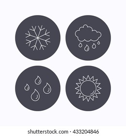 Snowflake, sun and rain icons. Water drops linear sign. Flat icons in circle buttons on white background. Vector