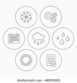 Snowflake, sun and rain icons. Water drops linear sign. Check file, calendar and cogwheel icons. Vector