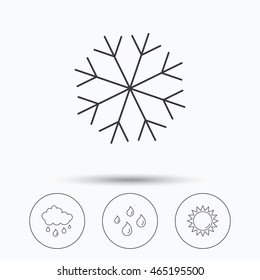 Snowflake, sun and rain icons. Water drops linear sign. Linear icons in circle buttons. Flat web symbols. Vector