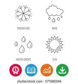 Snowflake, sun and rain icons. Water drops linear sign. Award medal, growth chart and opened book web icons. Download arrow. Vector