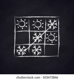 Snowflake and sunshine on the field to play TIC TAC toe on a chalk Board.