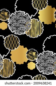snowflake symbol circle ornamental oriental japanese chinese vector design seamless pattern gold black