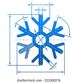 Snowflake symbol with dimension lines. Element of blueprint drawing in shape of snow sign. Vector illustration for new year's day, christmas, weather, winter holiday, new year's eve, winter recreation