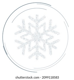 Símbolo de copo de nieve lleno de puntos azules oscuros. Estilo de puntillismo. Ilustración del vector sobre fondo blanco