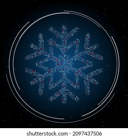 The snowflake symbol filled with white dots. Pointillism style. Some dots is red. Vector illustration on blue background with stars