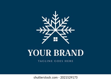 Snowflake Symbol with House for Cottage Cabin Chalet or Real Estate Logo Design Vector