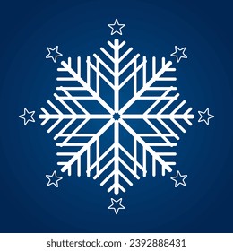 un símbolo Snowflake, icono, logotipo para el diseño vector de Navidad, colección de elementos de ilustración. Un vector Copo de nieve blanco suave sobre fondo azul aislado
