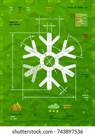 Snowflake symbol as technical blueprint drawing. Drafting of snow sign on crumpled pape