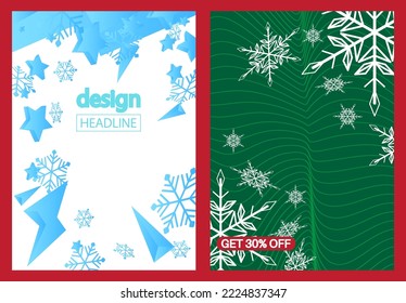 Diseño de plantillas de copo de nieve. Oferta especial, afiche de la temporada navideña. Ilustración del vector de invierno. Despacho de vacaciones, Banner de descuento. Evento comercial, de tienda.