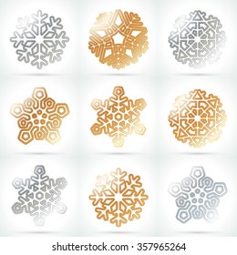 Snowflake template set. Gold and silver snowflake icon. Abstract winter symbol. Decorative element for brochure, flyer, greeting card. Vector illustration.