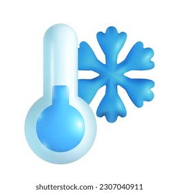 Snowflake with thermometer 3d vector illustration. Cold weather in winter and low temperature in cartoon style isolated on white background. Weather forecast, meteorology concept