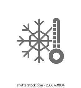 Snowflake with a thermometer, low temperature, frost grey icon.