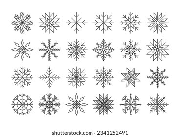 Schneeflocken dünne schwarze Linien Symbole Schnee große Vektorgrafik Set