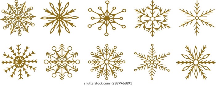 Snowflake thin line gold icons set