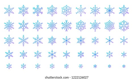 Snowflake thin line icons set. Outline vector sign snow kit. Winter linear icon collection christmas, crystal ornament, cold, ice. Modern color gradient sixpointed star simple symbol isolated on white