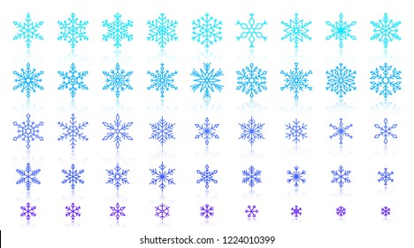 Snowflake thin line icons set. Outline vector sign kit of snow. Winter linear icon collection includes cold, christmas, weather. Simple snowflake color contour symbol with reflection isolated on white
