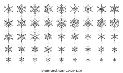 Snowflake thin line icons set. Outline web sign kit of snow. Winter linear icon collection includes weather, frost, cristal. Simple snowflake black contour symbol with reflection vector Illustration