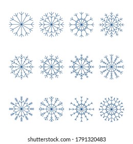 Snowflake thin line icons set. Outline web sign kit of snow. Winter linear icon collection as crystal, hexagon, ice, snowy pattern. Editable stroke without fill. Snowflake simple contour vector symbol