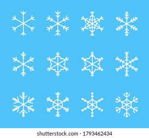Snowflake thin line icons set. Outline web sign kit of snow. Winter linear icon collection as crystal, hexagon, ice, snowy pattern. Editable stroke without fill. Snowflake simple contour vector symbol