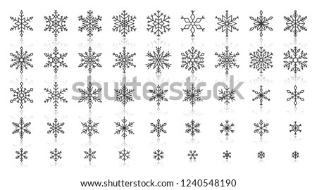 Snowflake thin line icons set. Outline web sign kit of snow. Winter linear icon collection includes weather, frost, cristal. Simple snowflake black contour symbol with reflection vector Illustration
