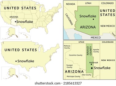 Snowflake town location on USA, Arizona state and Navajo County map