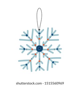Snowflake Traditional Christmas Decoration, New Year Symbol Hanging on Ribbon Vector Illustration