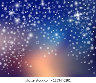 Snowflake transparent decoration effect. Christmas falling snow vector isolated on colorful background. Xmas snow flake pattern. Magic white snowfall texture. Winter snowstorm backdrop illustration.